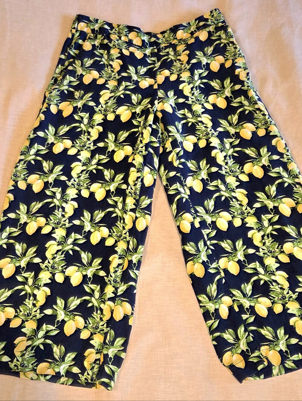 LOFT Lemon Print Linen Blend Pants Wide Leg Crop Mediterranean Summer Coastal MP